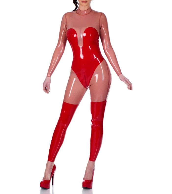 

New arrival Latex Rubber Long Sleeves Catsuit Patchwork Bodysuit Transparent Pink With Red Back Zipped (No Socks)