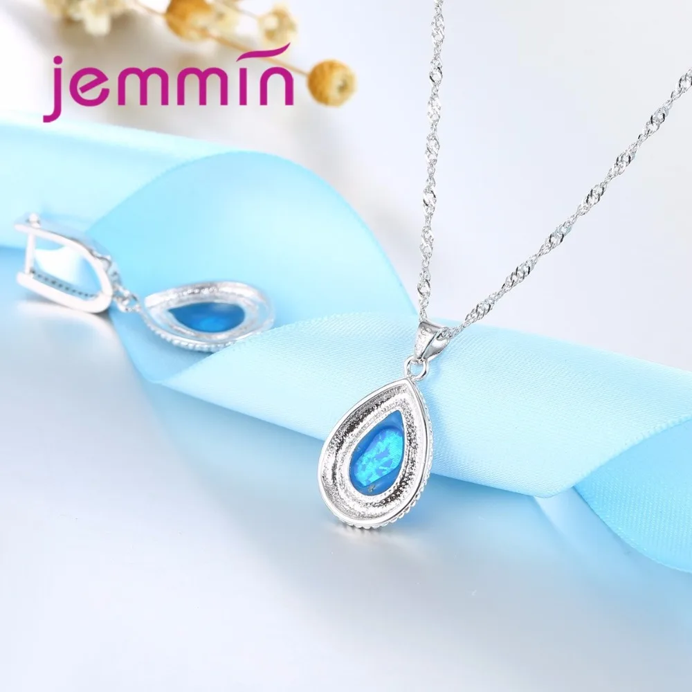 Jemmin European Blue Fire Opal Wedding Choker Necklace For Brides 925 Sterling Silver Water Drop Pendants Necklaces For Women - Image 3