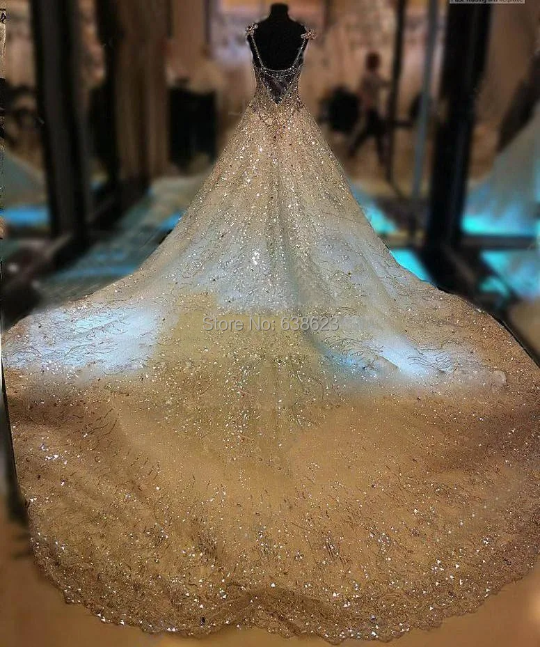 DAW2369 2017 Luxury Bling Crystal Bridal Dresses A-Line Sweetheart Sheer Backless Shiny Beads Pleated Cathedral Train | Свадьбы и