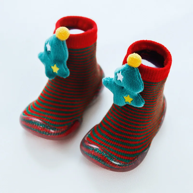 Новогодняя обувь для маленьких девочек; Рождественская обувь для новорожденных с изображением лося; нескользящая обувь для первых походов; детские носки