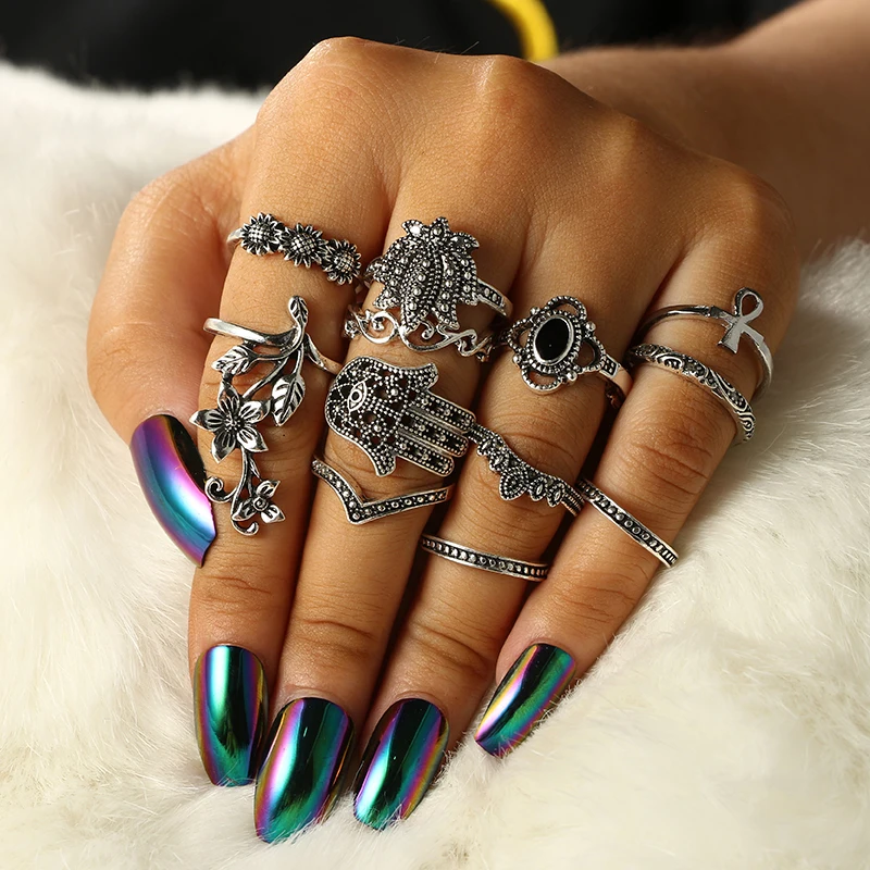 HuaTang Vintage Antique Silver Ring Geometric Hand Flower Carved Rhinestone Rings Knuckle Anillos Anel Rings Jewelry 6394