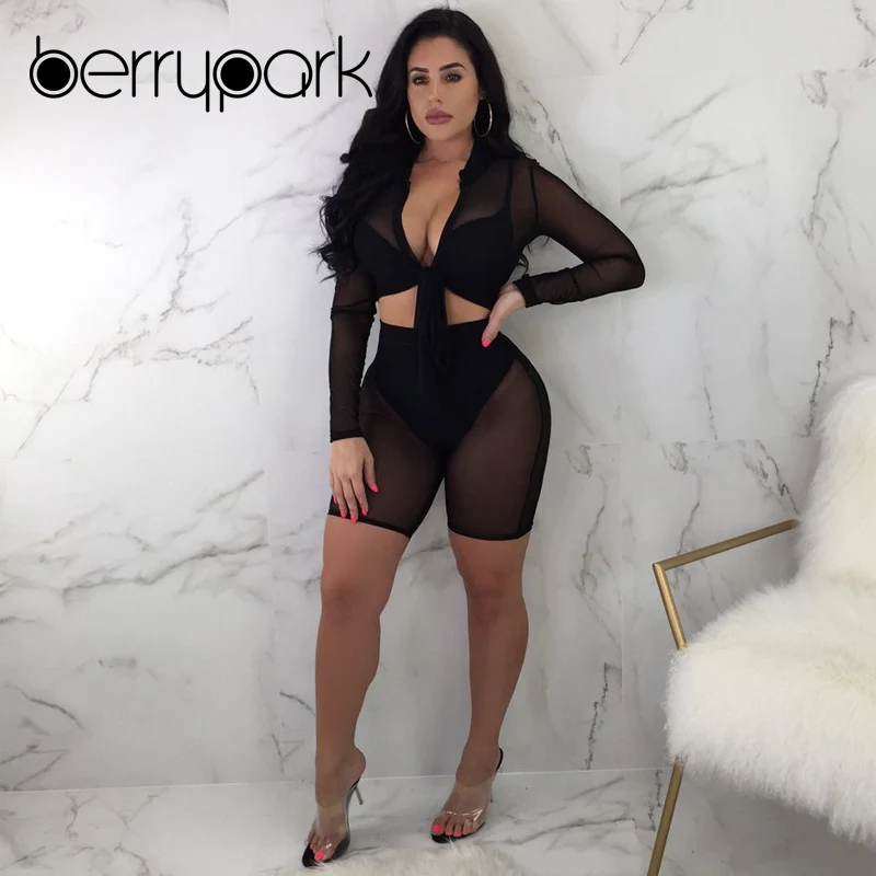 

BerryPark Mesh Bikini Cover Up Long Sleeve Crop Top + Shorts Sets 2019 New Summer Transparent Women Bathing Suit Swim Beach Wear