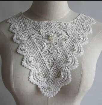 

Women's Korean Fashion pearl beaded white lace fake collar lady's flower embroidery diy accessories Ties Detachable Collar R981
