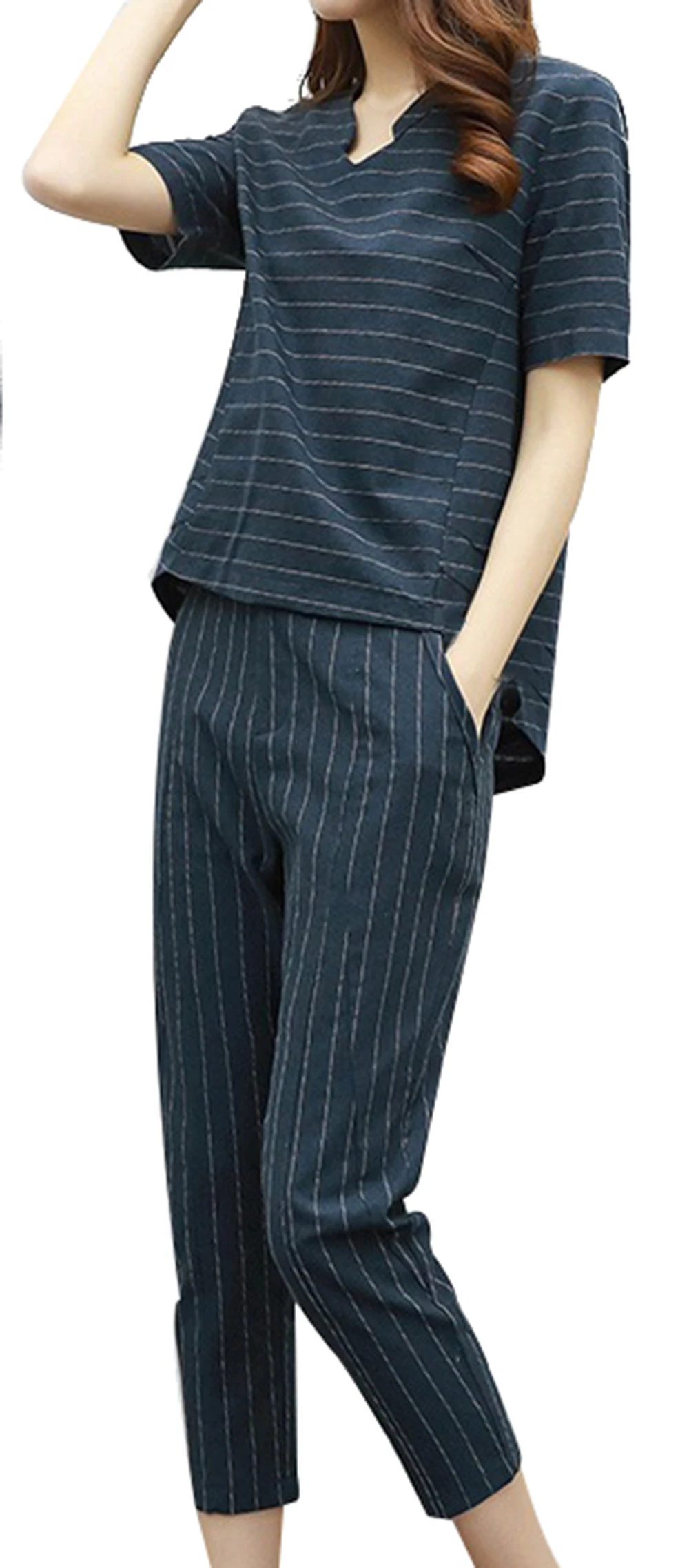 Women Girl Summer Stripes V Neck Short Sleeve Top Tee Shirt and Slim Capris Cropped Calf Pants Shorts 2 Sets