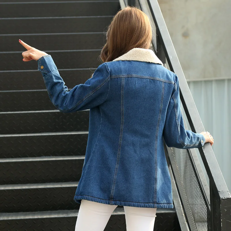 À Automne Hiver Manches Veste Longues Agneau Survêtement Manteaux Nouvelles Vêtements Doublure Col De Dark Chaud Mode Blue down Laine Jean Femmes En Turn ZZrwF