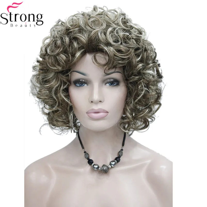 

StrongBeauty Short Style Curly Capless wig Brown with Blonde Highlights Synthetic Hair Wigs for Women COLOUR CHOICES