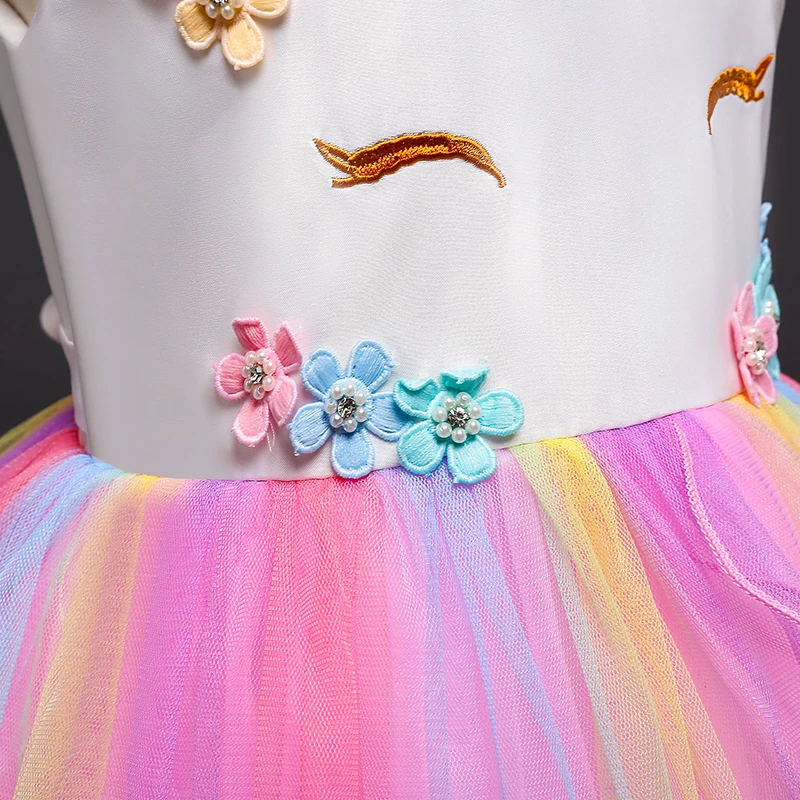 Вечерние платья с единорогом для девочек; многослойное Цветочное платье-пачка на Хэллоуин; Радужный костюм принцессы для маленьких девочек с открытой спиной и рисунком единорога из мультфильма