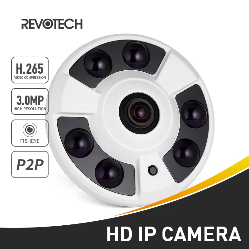 

H.265 Fisheye FHD 3MP IP Camera 1296P / 1080P 6 Array LED IR Night Vision Panoramic Security IP CCTV Cam System with IR-Cut