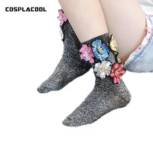 [COSPLACOOL] новые яркие шелковые носки с цветком и блестками цветные сверкающие носки женские яркие носки ручной работы Meias