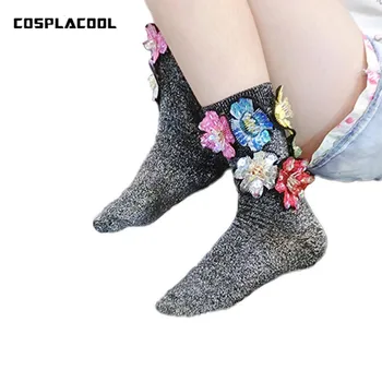 

[COSPLACOOL]2017 New Tide Flower Sequins Bright Silk Socks Colorful Glitter Socks Women Candy Color Hand-made Socks Meias