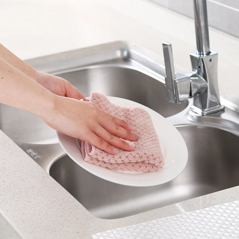 Coral Fleece Absorbent Sink Wipe Non-stick Oil Cleaning Cloth Hand Towel 