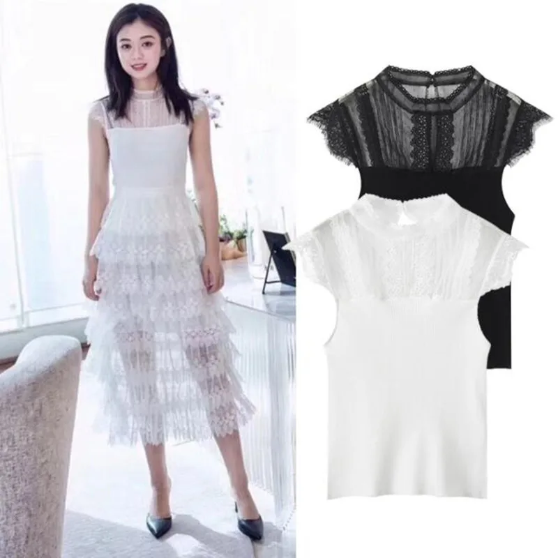 

Sleeveless Tank Tops Women Sexy Transparent Mesh Knitted Lace Elegant Hollow Out Vest Summer Runway Design Slim Pullovers Tops