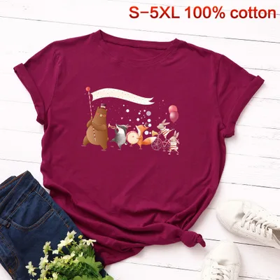 SINGRAIN, летняя забавная женская футболка, хлопок, S-5XL, плюс, большой размер, модные топы, свободные, повседневные, с животным принтом, женская футболка - Цвет: wine red