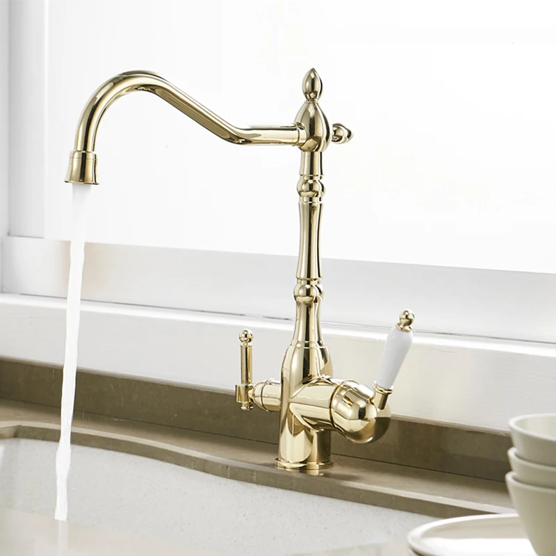 Quyanre Gold Kitchen Faucets Mixer Drinking Water Filtered Kitchen Tap 360 Rotation Mixer Tap Purification Kitchen Crane Tap