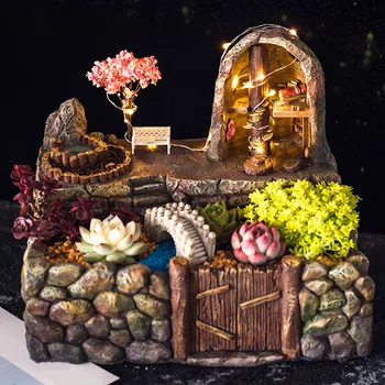 

Garden Planter Flower Pot House Landscape Resin Flowerpot Vase Home Decor with LED String Flower Pot miniature world ornaments
