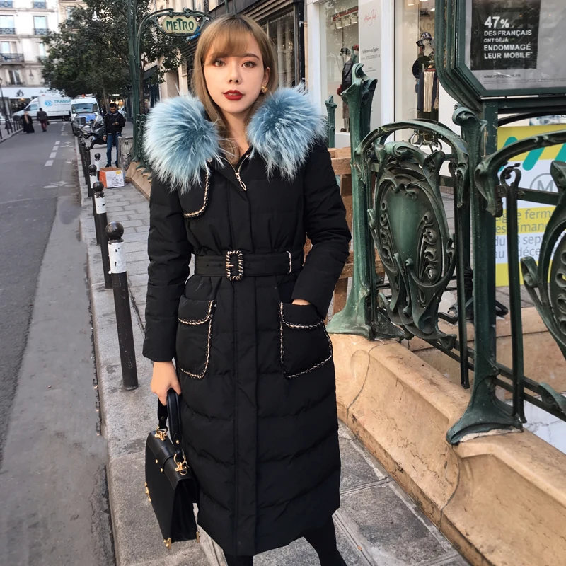 

LYNETTE'S CHINOISERIE Winter New Original Design Women Black Long Racoon Fur Collar Hooded Warm 90% White Duck Down Jackets