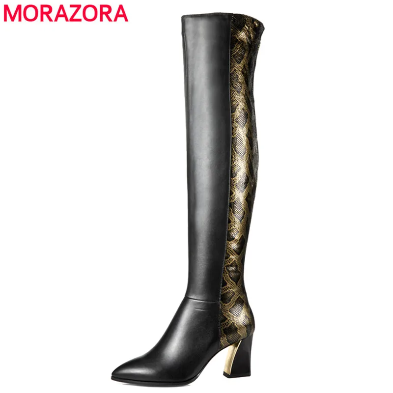 

MORAZORA 2020 newest genuine leather over the knee boots women pointed toe winter high heels shoes ladies thigh high boots