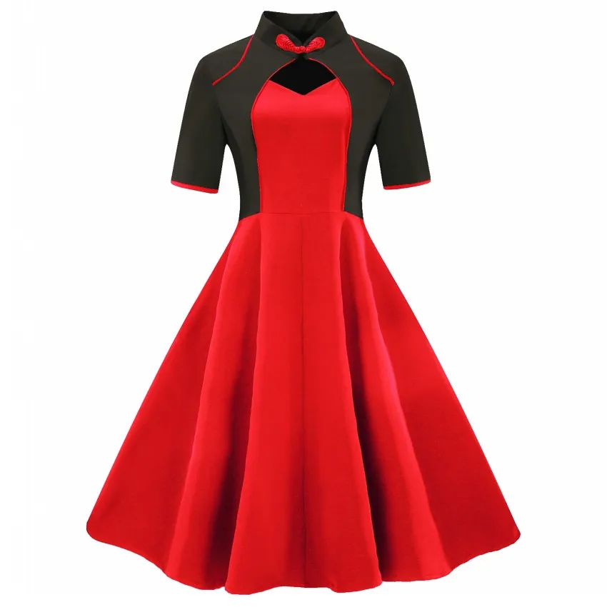 Женская одежда размера плюс 3XL 4XL, винтажное платье, Восстановленное древнее летнее лоскутное платье с воротником-стойкой черного и красного цвета Хепберн - Цвет: Красный