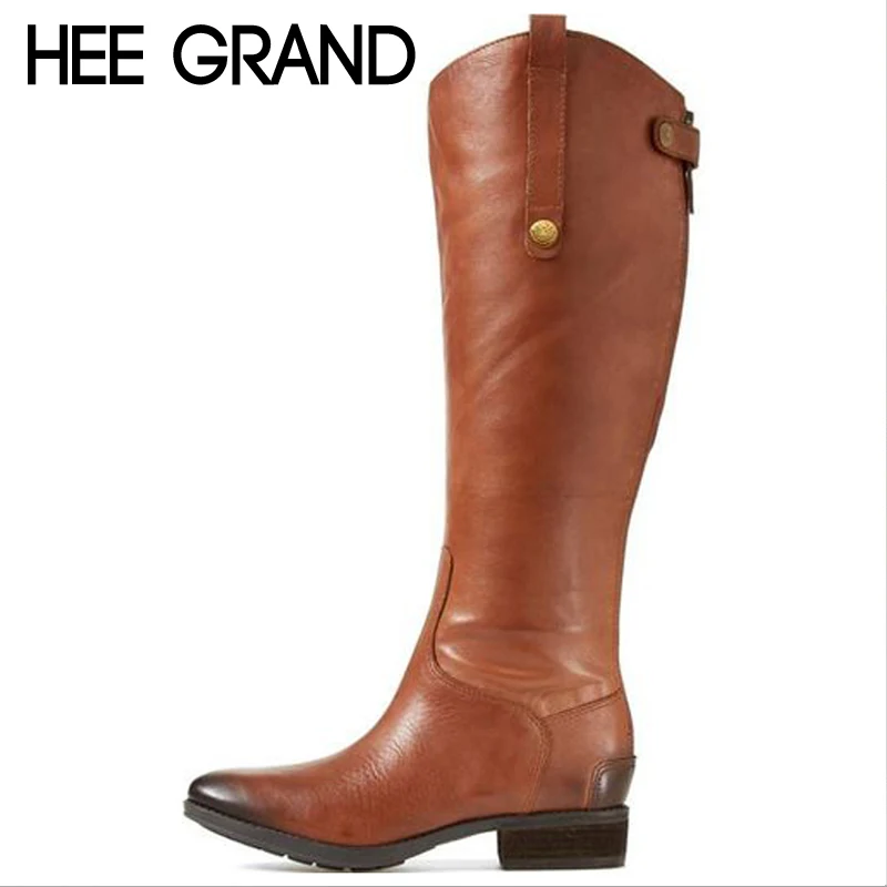 

HEE GRAND Pu Leather Womam Knee High Boots Square Heels Slip On Winter Warm Women Boots Fashion Solid Shoes Woman XWX6902