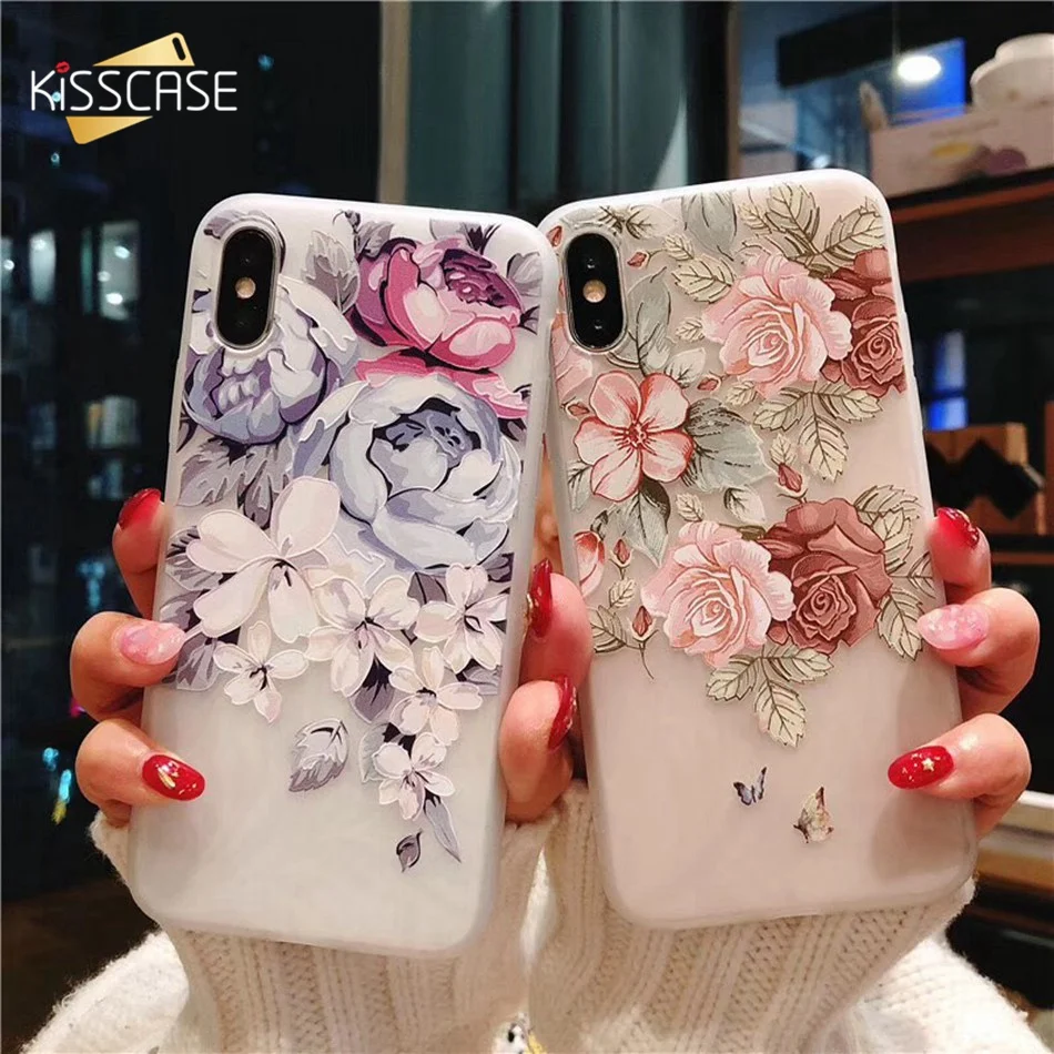 KISSCASE 3D рельефные цветы Чехлы для iPhone 6 6S 7 8 Plus X XS чехол MAX XR Мягкий силиконовый