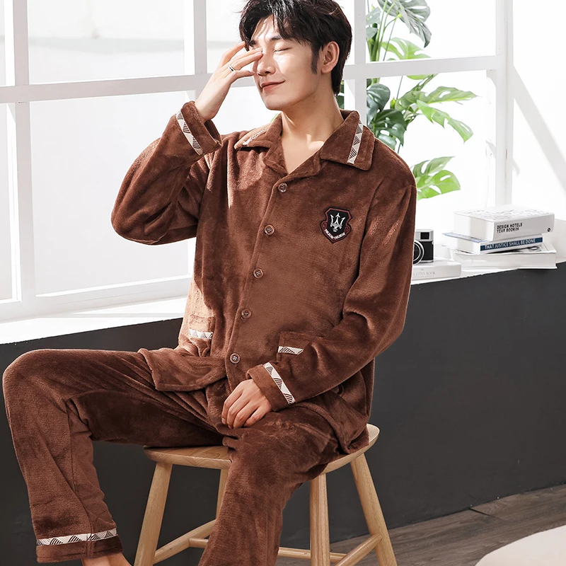 Winter Flannel Men's Pajamas Set Warm Thicken Coral Fleece Pajamas Men