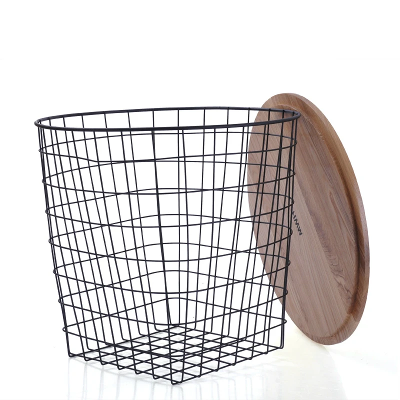 Metal iron wire storage tea table with wood top spot iron tea basket table multifunction net storage table Metal iron wire storage tea table with wood top spot iron tea basket table multifunction net storage table