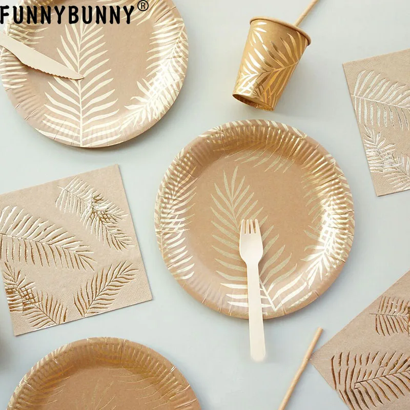 

FUNNYBUNNY Bronzing Palm Leaf Green Kraft Paper Cutlery Set Adult Party Decorative Printing Paper Cup Paper Towel Party Decor
