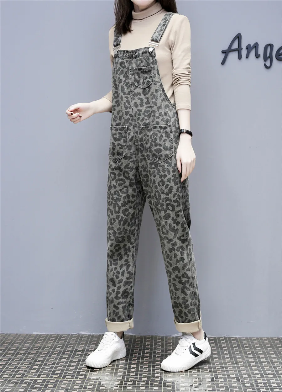 Большие размеры, винтажный Леопардовый джинсовый комбинезон с карманами на подтяжках, на лямках, женские летние зимние корейские брюки, комбинезон