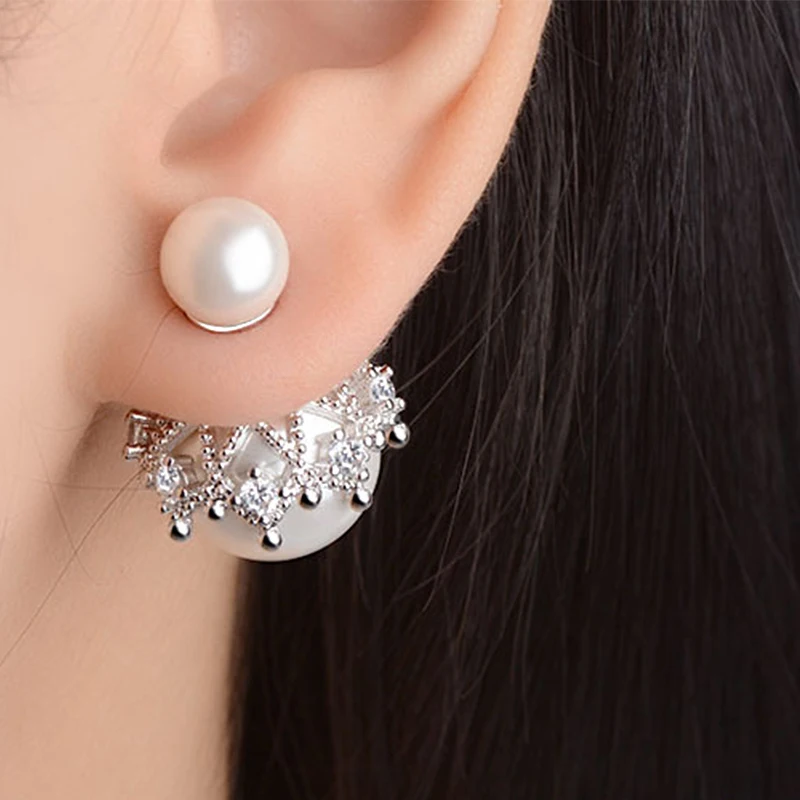 

Elegant Shiny Zirconia Earrings Double Sides Red White Color Big Small Pearl Stud Earrings Wedding Party Jewelry Gifts for Women
