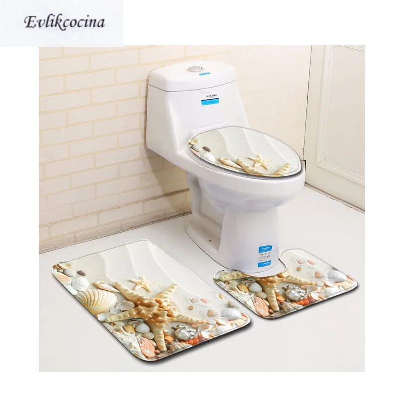 

Free Shipping 3Pcs Starfish Shells On Beach Banyo Paspas Bathroom Carpet Toilet Bath Mat Set Tapis Salle De Bain Alfombra Bano