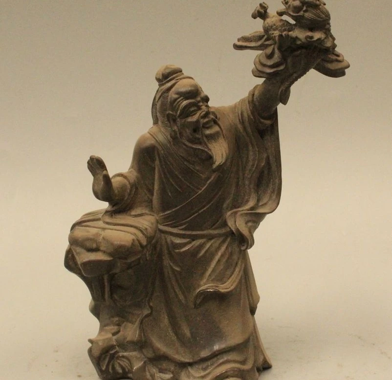 

6" Chinese China Folk Pure Bronze Geezer Old Man grab catch Kylin Beast Statue