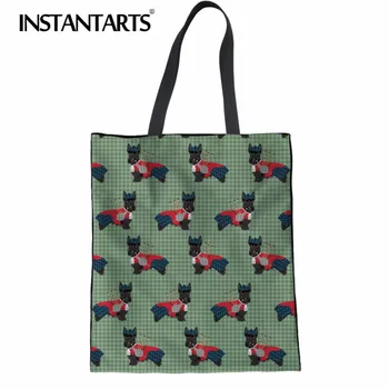 

INSTANTARTS Eco-friendly Shopper Bag Women Hand Linen Large Shoulder Bag 3D Cute Dog Scottish Terrier Print Women Cloth Tote Bag
