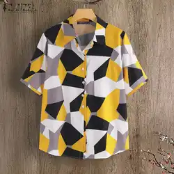2019 женские Модные блузка ZANZEA дамы геометрическим принтом топы Blusas Повседневное туника с коротким рукавом работы OL рубашки сорочка Плюс