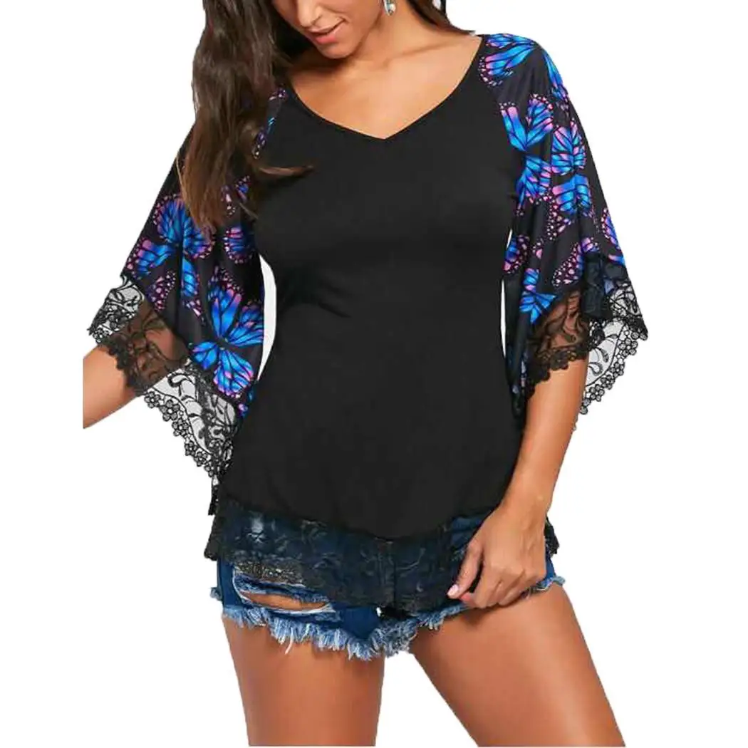 

Women Casual V Neck Middle Sleeve Summer Pullover Floral Lace Causal Regular Patchwork T-Shirt Fashion