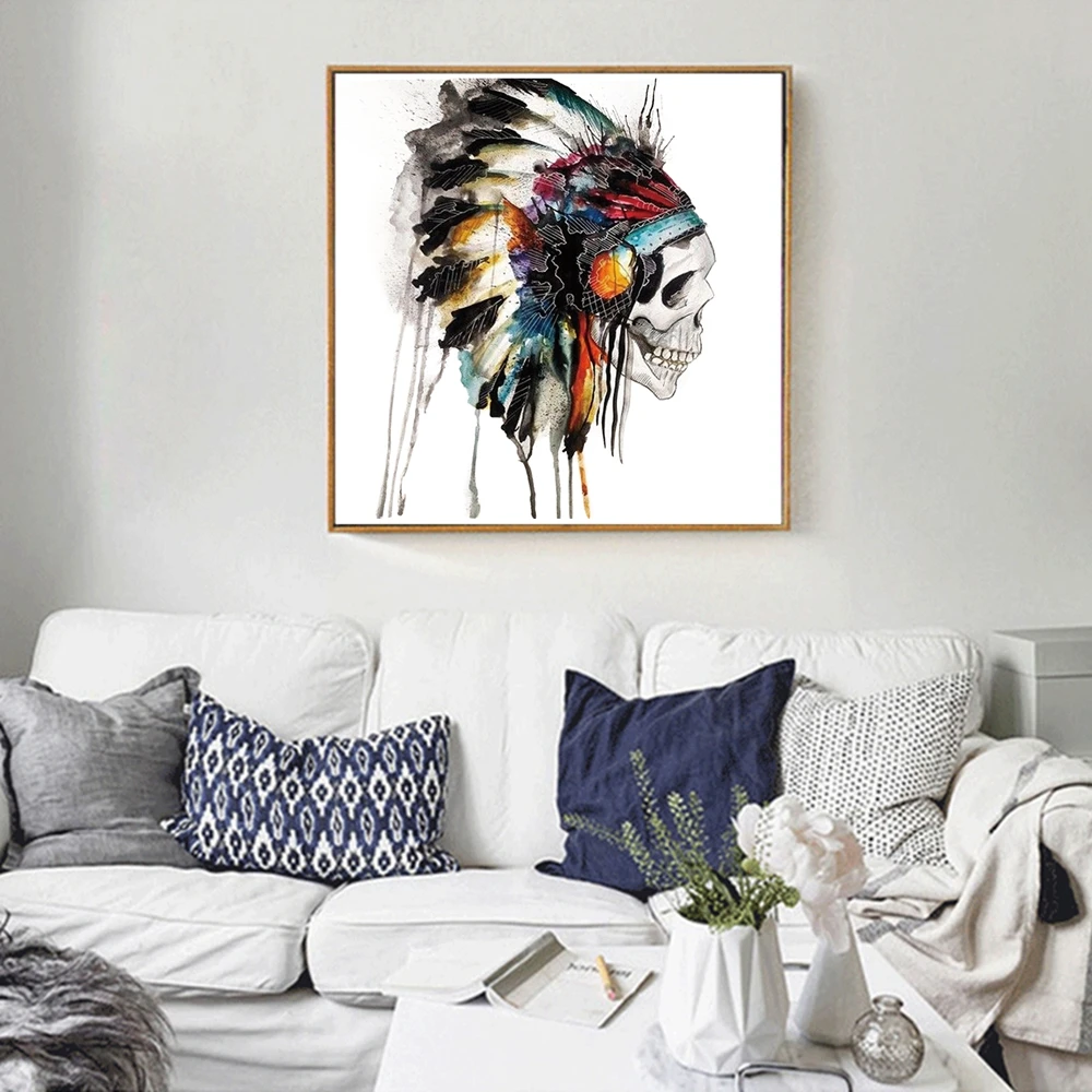 Watercolor Indian Skull Head Abstract Wall Art Canvas Print Huge Skull