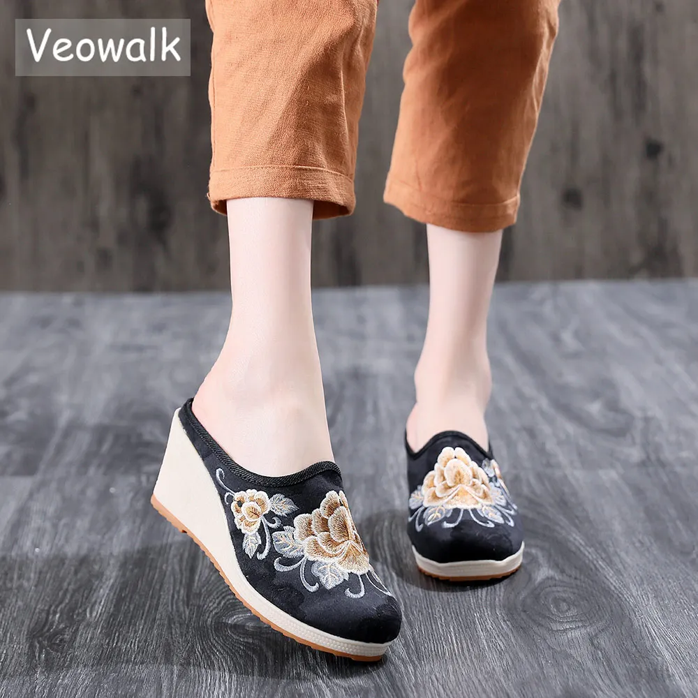 Женские холщовые мюли Veowalk туфли на платформе и высоком каблуке с вышивкой в