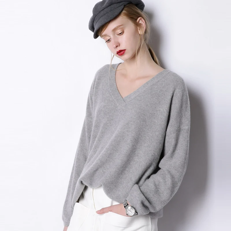 BARESKIY 2019 spring new V-neck cashmere sweater women's pullover loose large size women's solid color knit bottoming shirt BARESKIY 2019 spring new V-neck cashmere sweater women's pullover loose large size women's solid color knit bottoming shirt