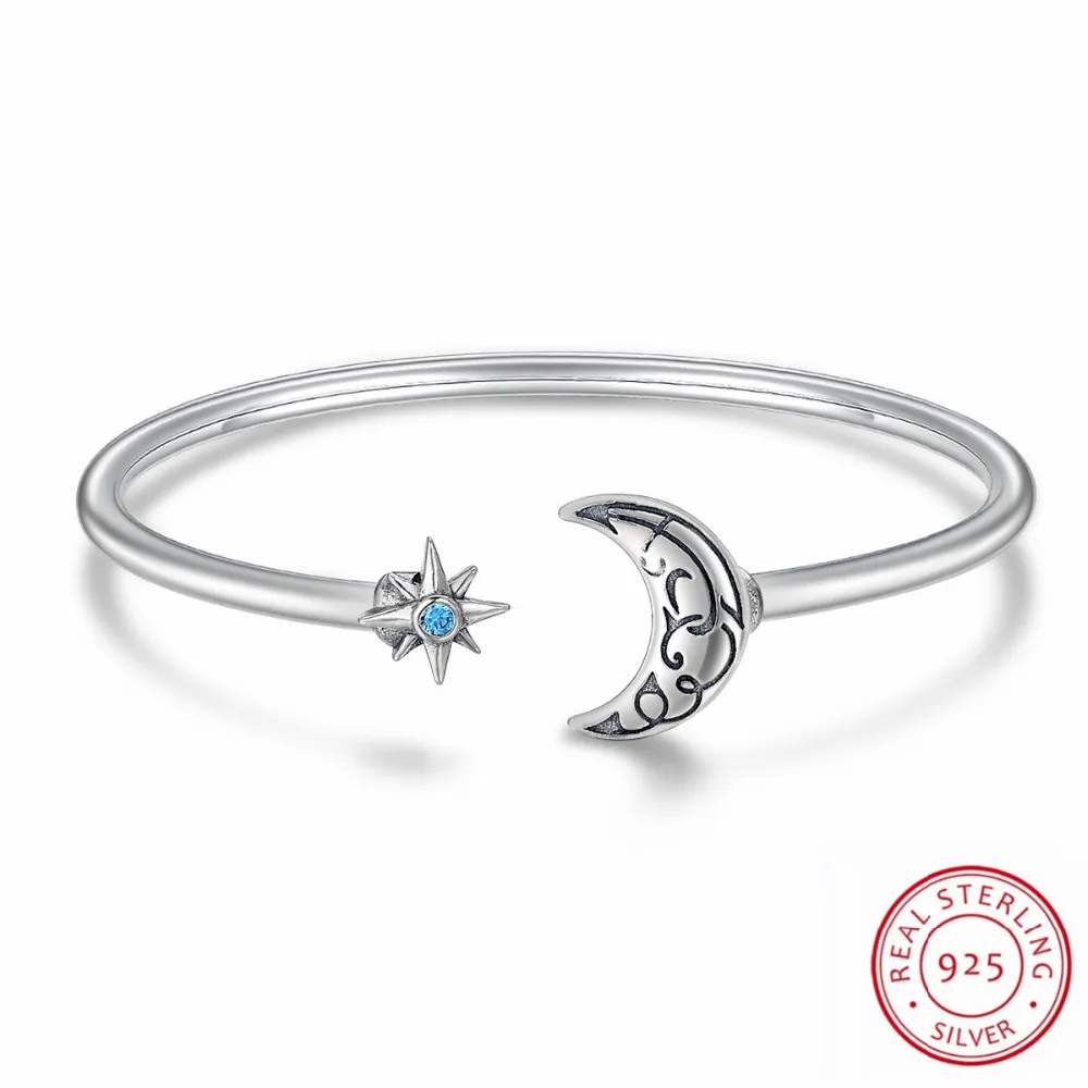 

New Promotion 100% Authentic 925 Sterling Silver Bangles With Blue CZ Silver Color For Women Jewelry Gift Moon&Star