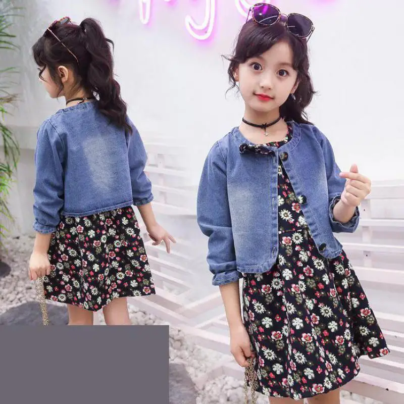 

2019 New Toddler Girls Clothing Sets Long Sleeve Denim Jackets + Sleeveless Floral Print Dress Clothes Suit Children's Kids Set