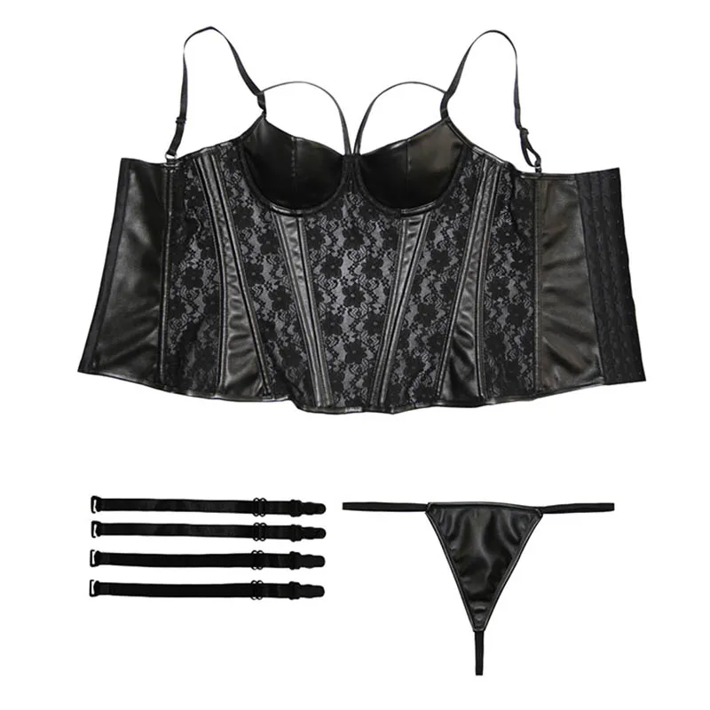 Gothic Womens Sheer Lace Vinyl Leather Overbust Corset Bustier Plus Size Black Spaghetti Strap Slim Waist Cincher Bodyshaper 3XL-W5722-1 (5)