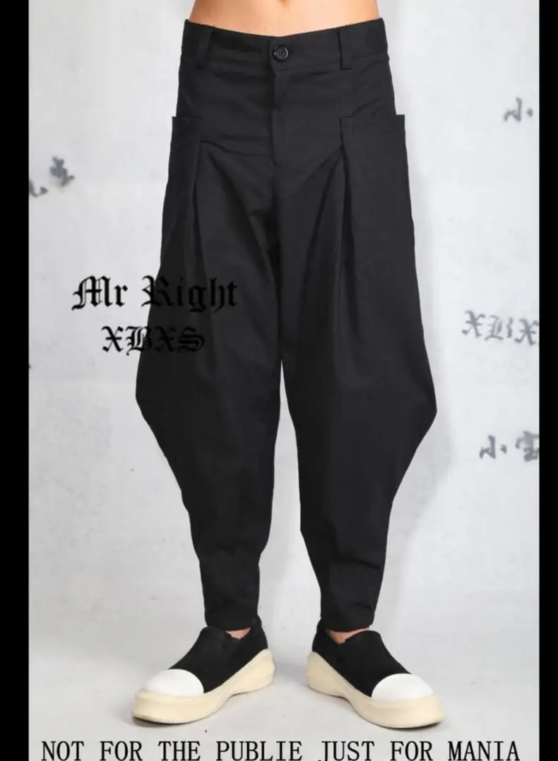 Лидер продаж! летняя новая мода повседневное прилив линии брюки для девочек мужская одежда эластичные льняные шаровары широкие брюки певица костюмы - Цвет: Черный