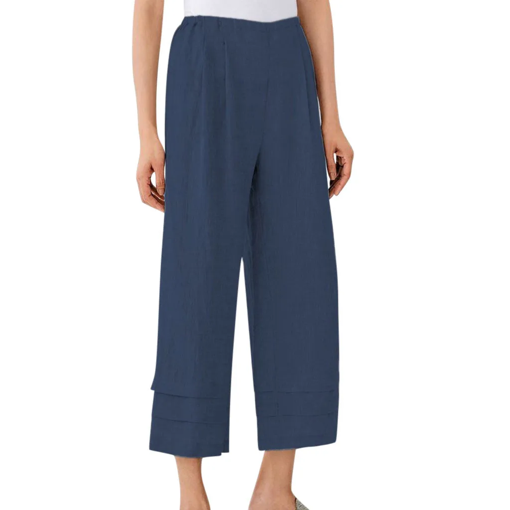

high waist loose pants cotton linen Women Vintage Wide Leg Pants Autumn Elastic Waist Loose Trousers Pants Solid 7#3