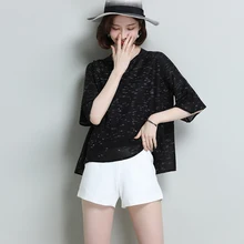 Лето осень женская крутая льняная трикотажная свободная футболка с круглым вырезом и коротким рукавом