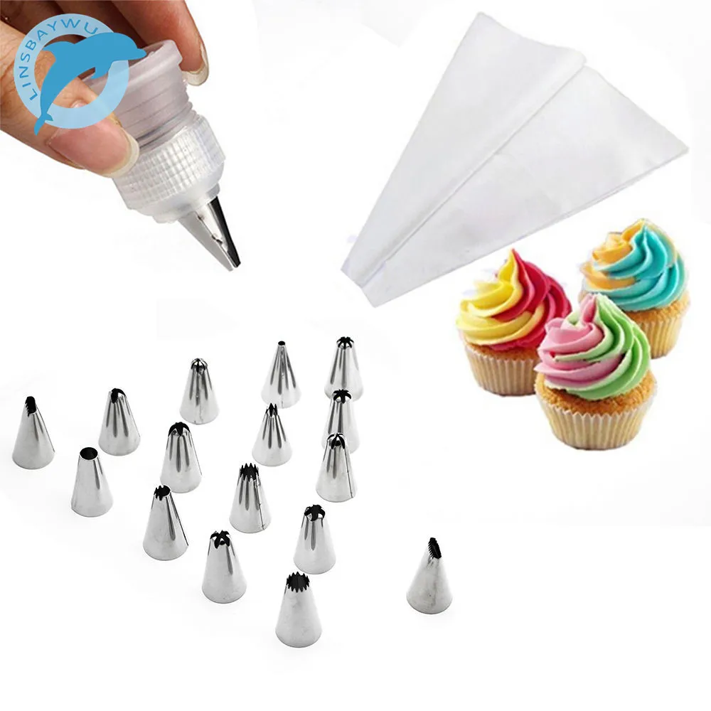 

LINSBAYWU 18 IN 1 DIY Icing Piping Cream Pastry Bags+Nozzles Cake Decorating Tool+ Copler