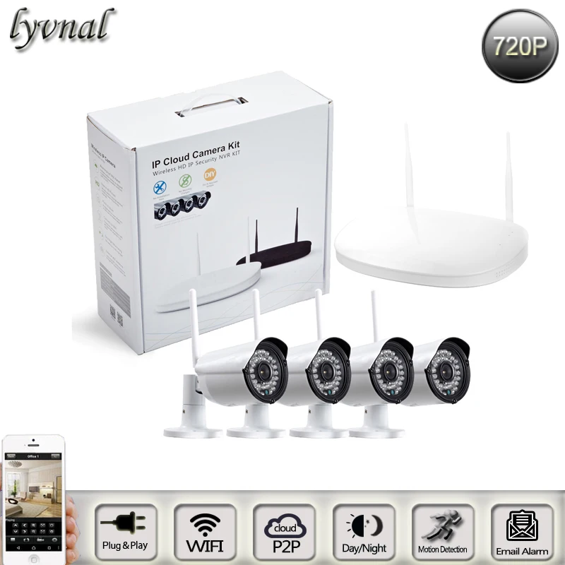 

Wireless home surveillance camera system 4 pcs 1.0mp wifi ip camera 4CH NVR Kit ONVIF supports Plug and Play Android and Iphone