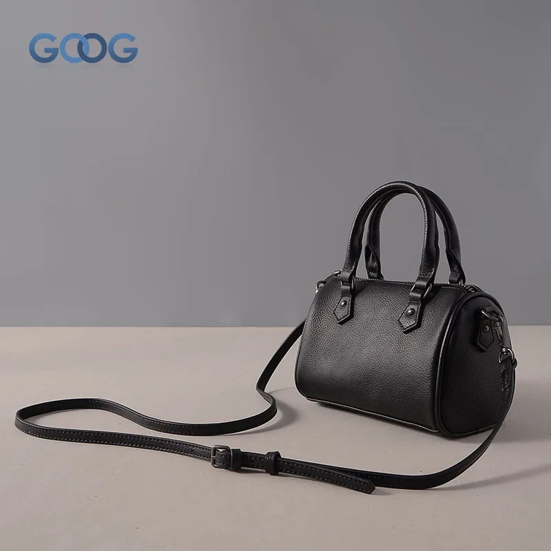 

The new leather cylindrical lychee pattern handbags simple fashion ladies Boston leather gloves pure color portable Messenger ba