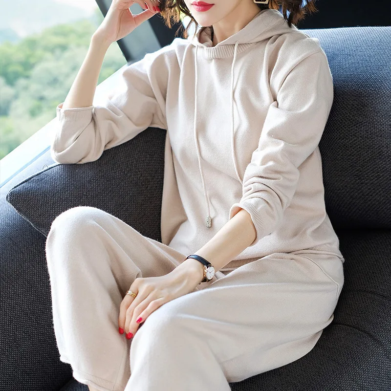 

Spring Autumn New Pattern Solid color loose Hooded Knitting Unlined Upper Sweater Wide leg pants long sleeve suit