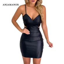 ANJAMANOR-Vestido corto de piel sintética con escote triangular, minivestido Sexy para discoteca, color negro, neón, verde, rosa, D34-AA82, para verano, 2020