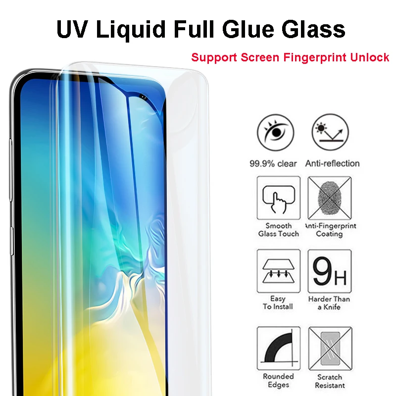 Полный клей экран 3D закаленное стекло + УФ свет для SAMSUNG Galaxy S10 Plus S10e S9 S8 Note 8 S7 Edge