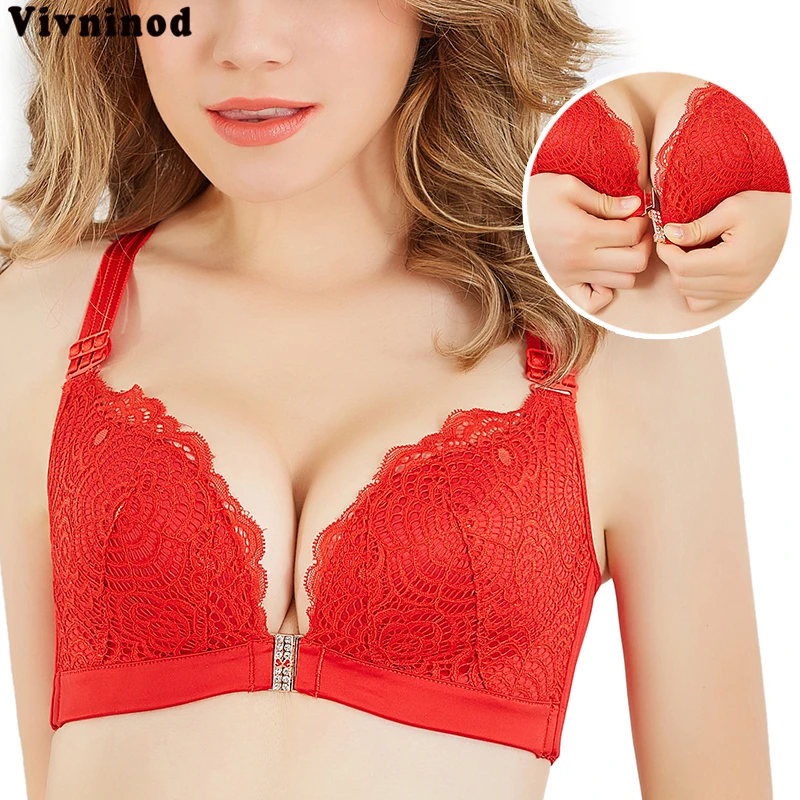 

Wireless Front Closure Bras for PLus Size Women Mulit Way Lace Underwear Deep V Plunge Bra embroidery Wireless push up bra 115E#